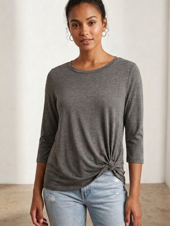 Meri Skye Tops - Meri Skye Knot-Hem Long Sleeve Tee in Charcoal by